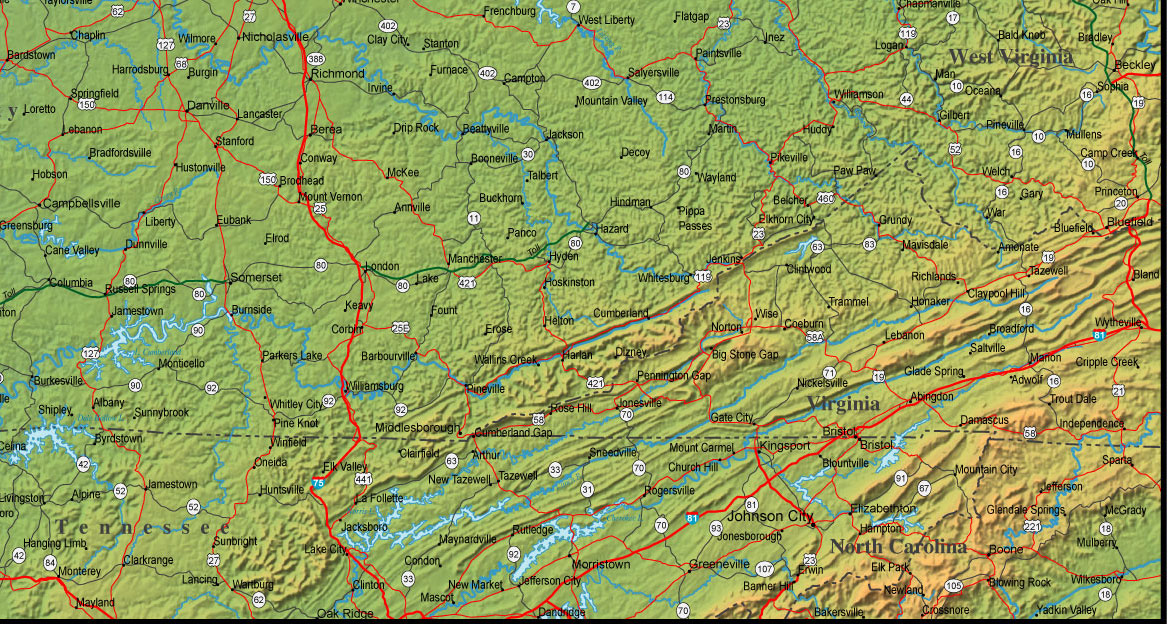 Physical Map of Kentucky