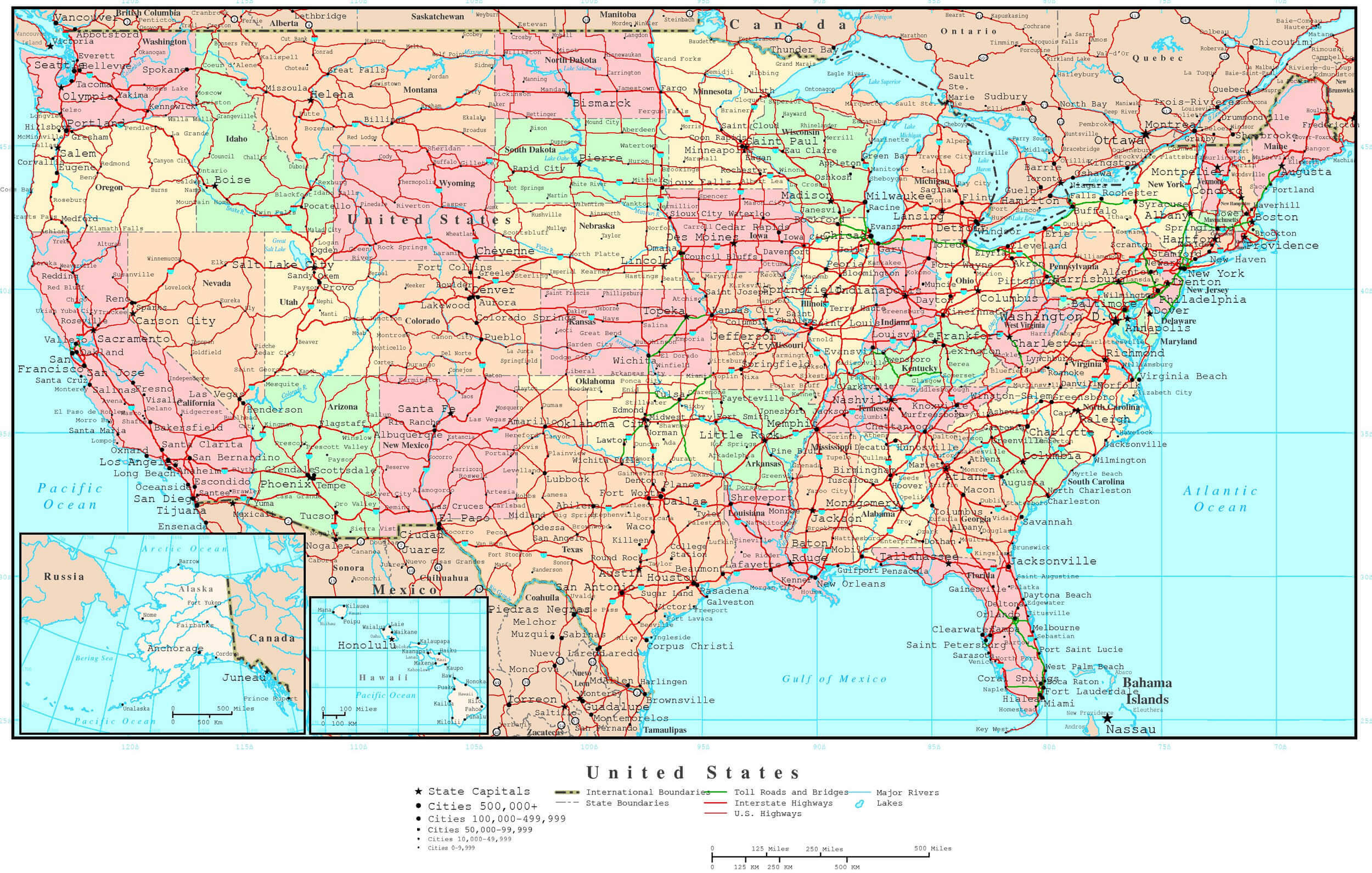 Large Political Road Map of USA