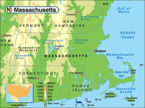 Massachusetts Physical Map