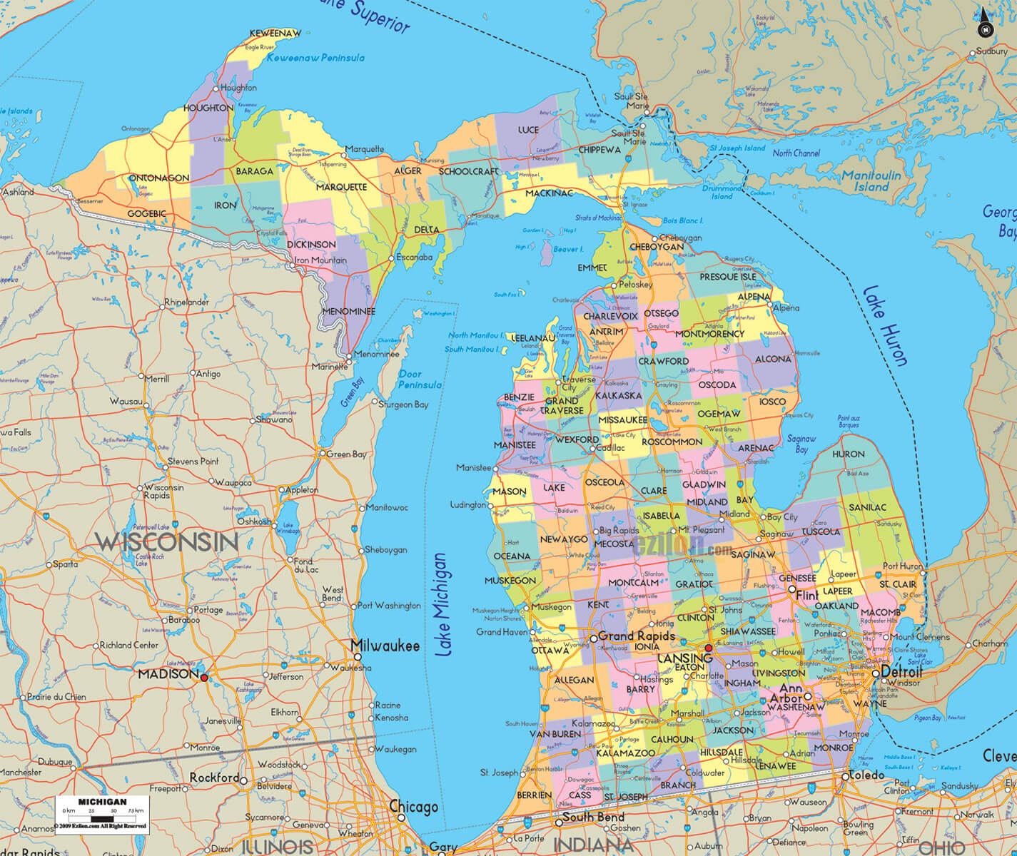 Michigan Counties Road Map USA