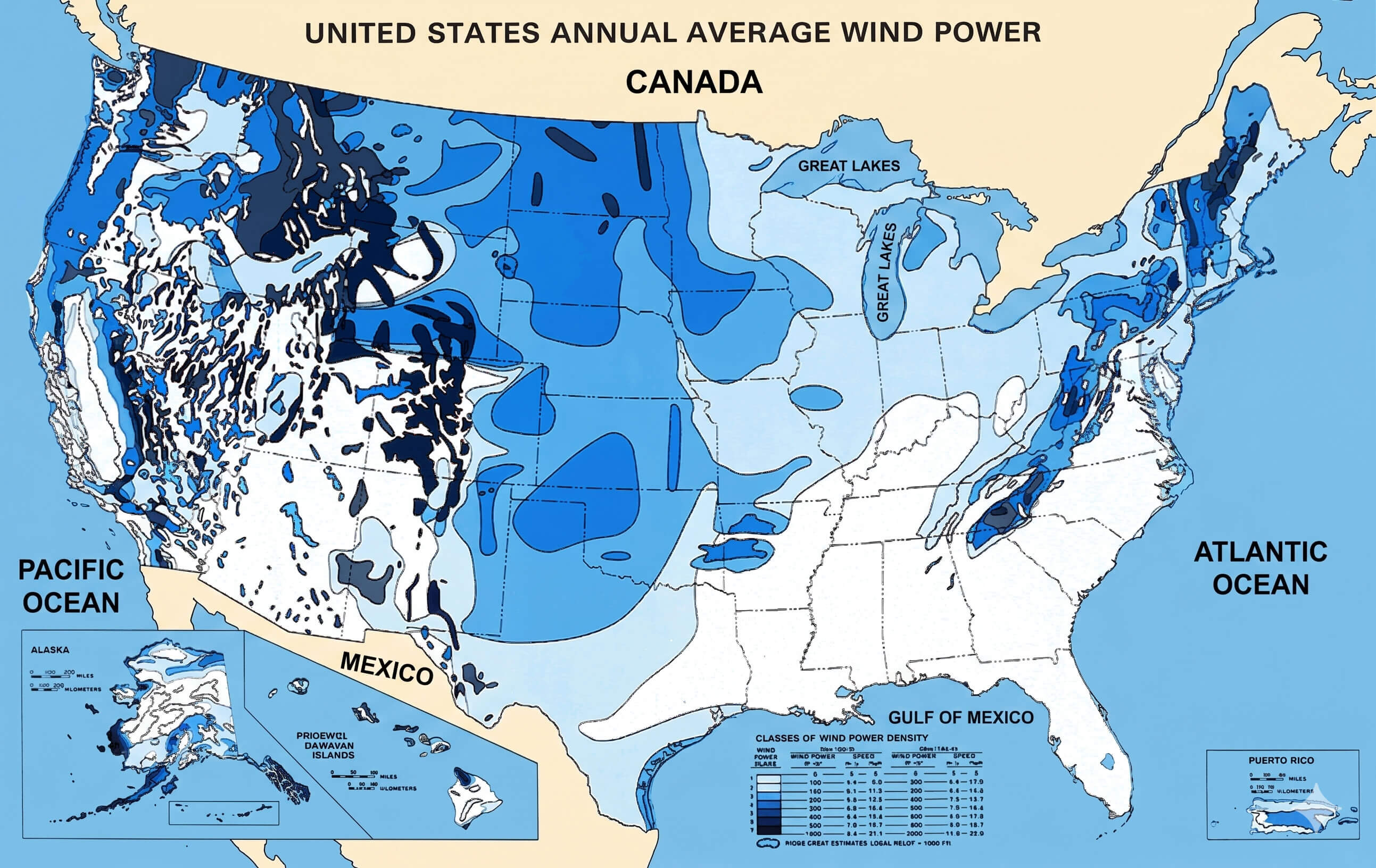 United States average wind power map