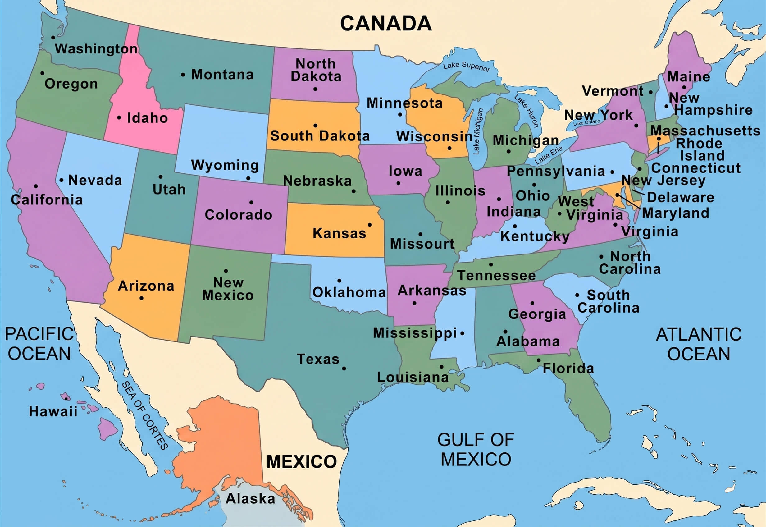 USA states and regions map