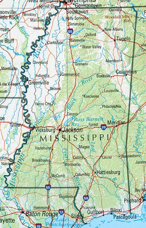 Physical Map of Mississippi