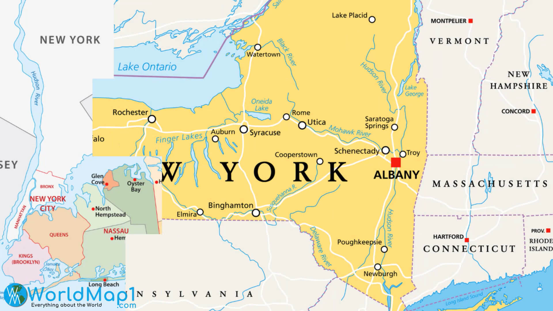 New York Free Printable Map - New%20York%20State%20Map%20with%20Main%20Cities