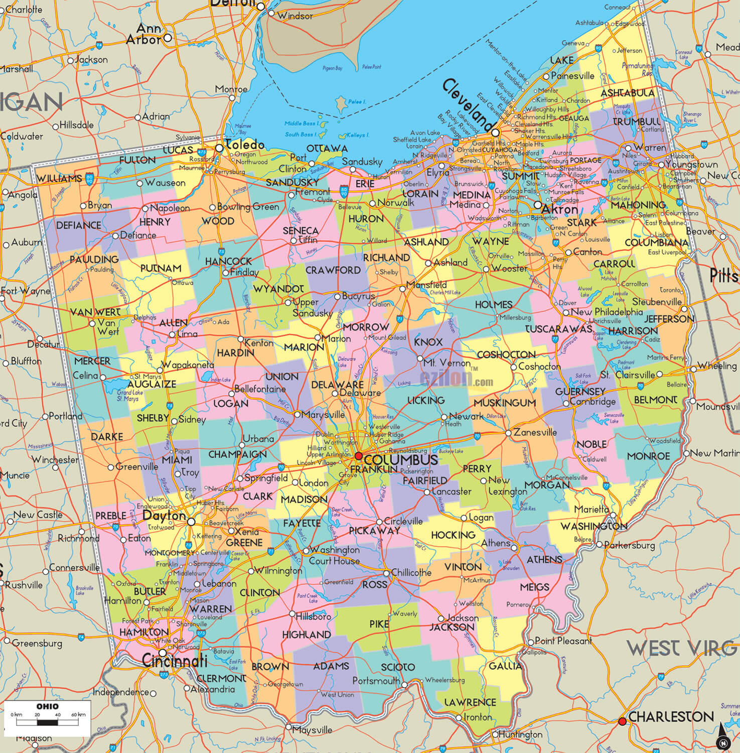 Ohio Counties Road Map USA