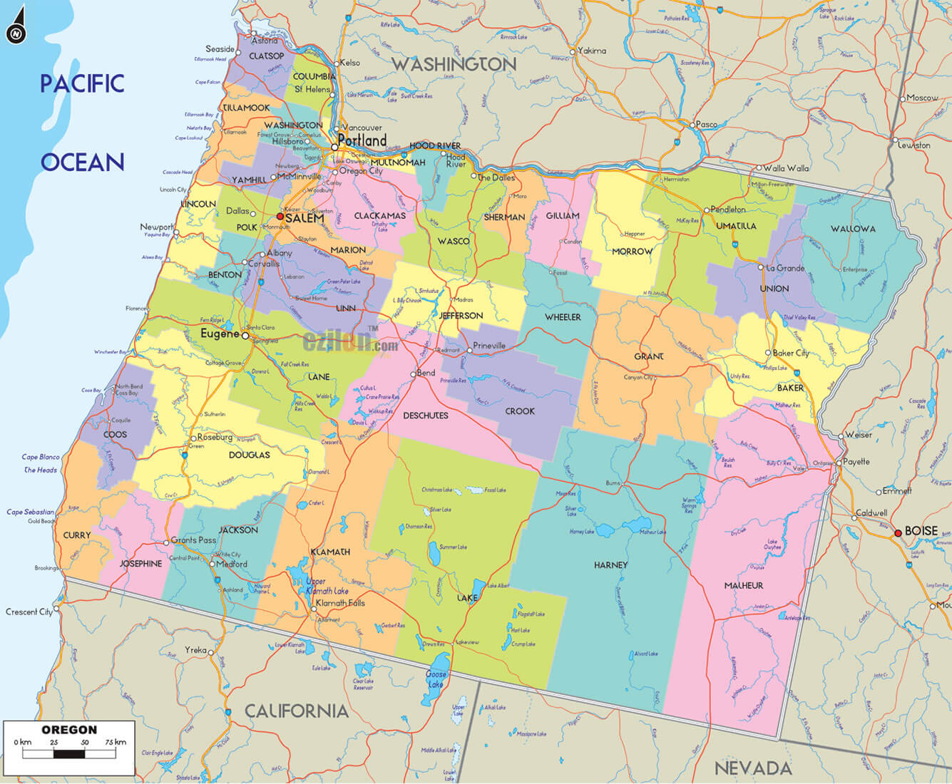 Oregon Counties Road Map USA