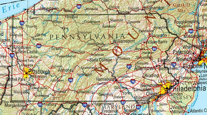 Physical Map of Pennsylvania