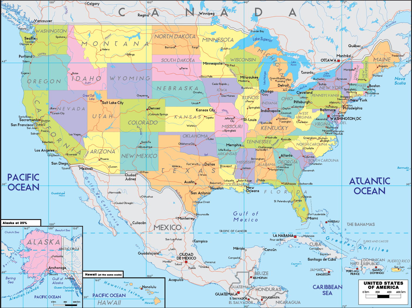 US States Major Cities Map