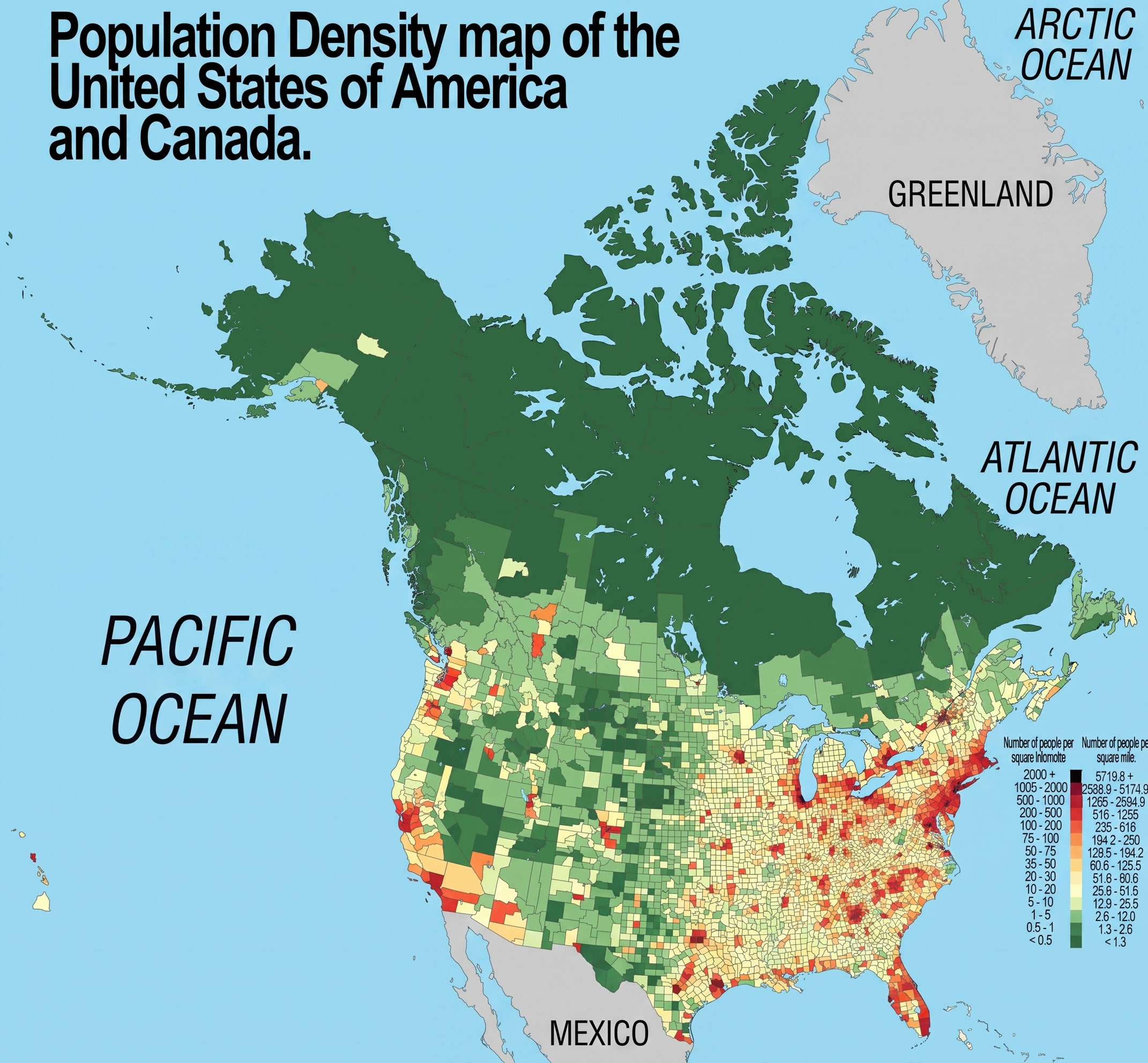 North America population density map US canada
