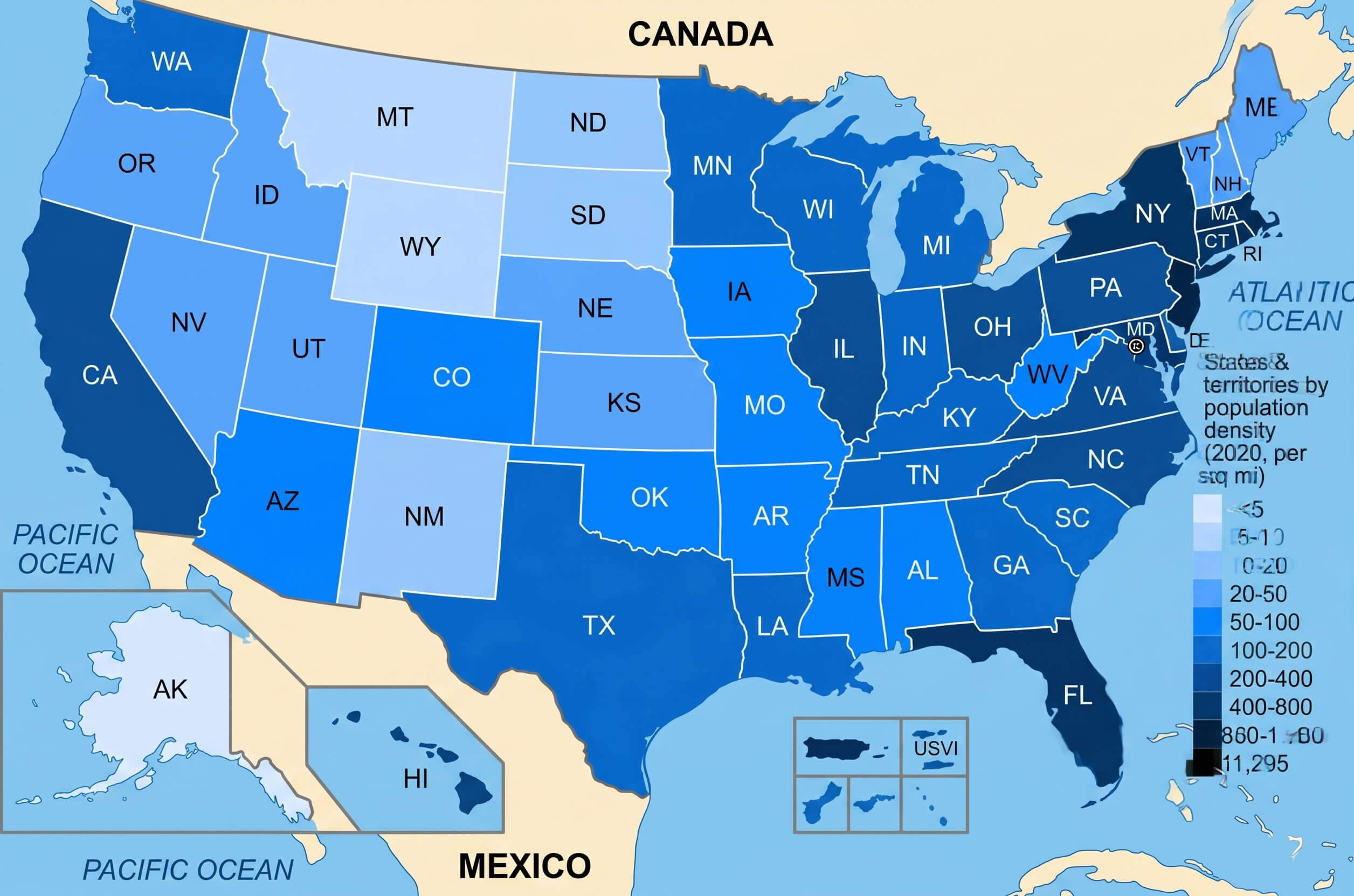 US population density map with states