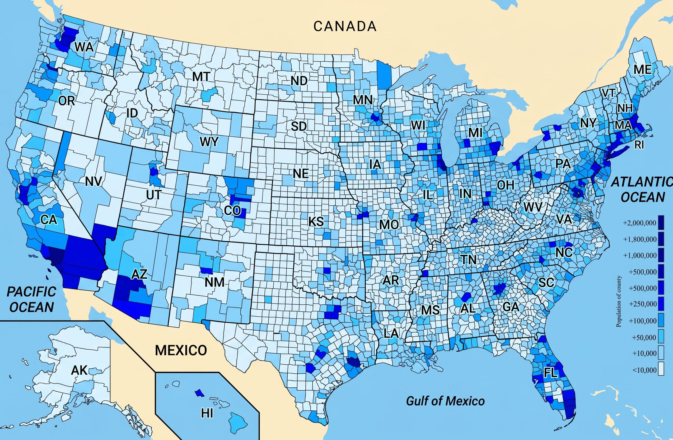 USA population density blue gradient map