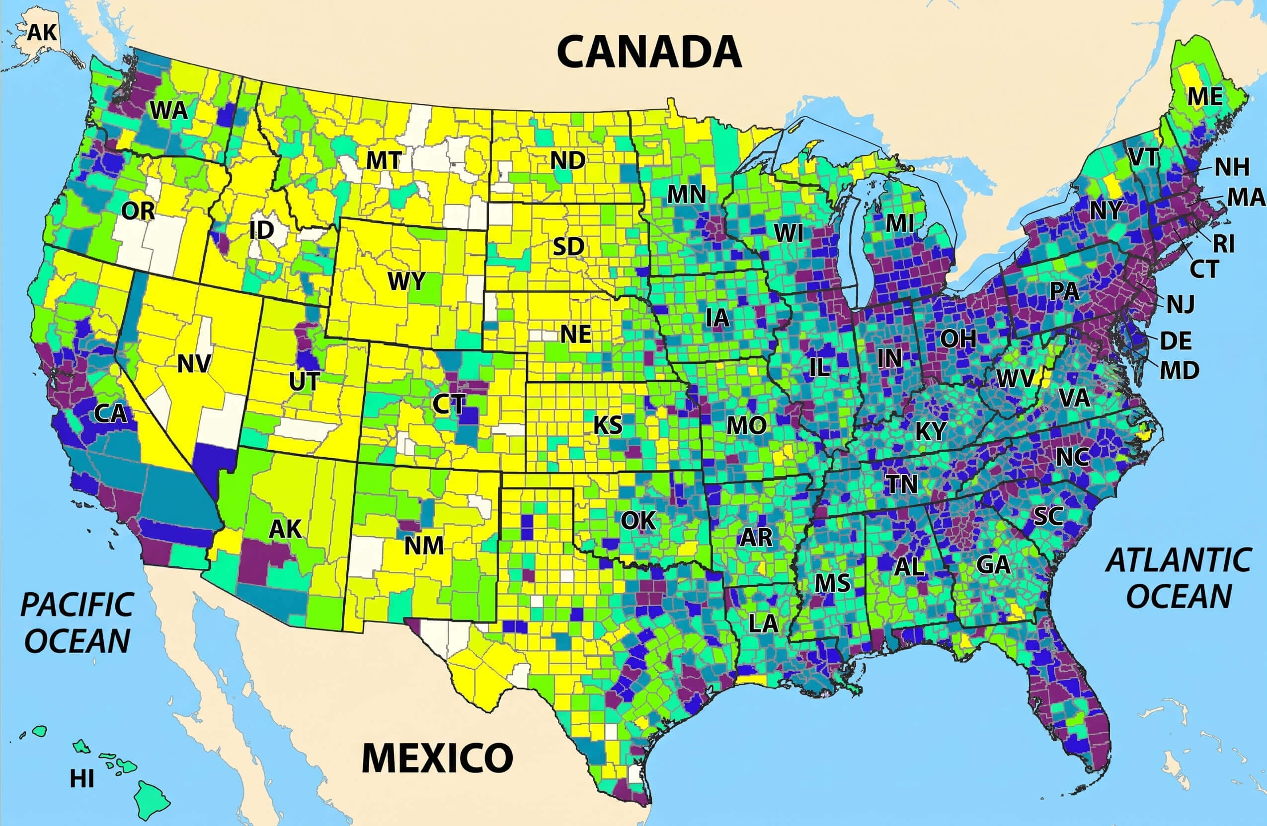 USA population density multicolor choropleth map
