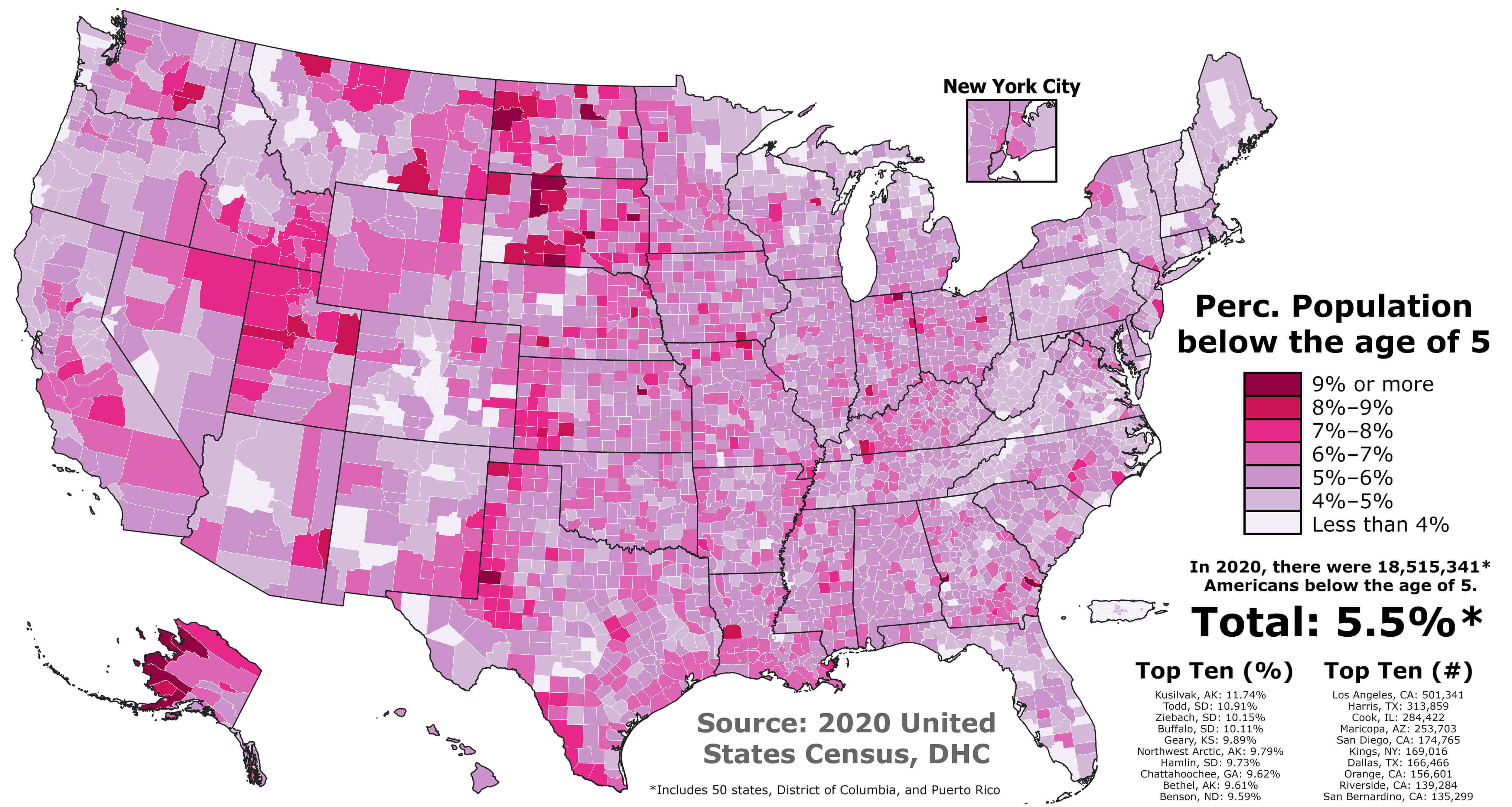 USA population under age 5 map 2020
