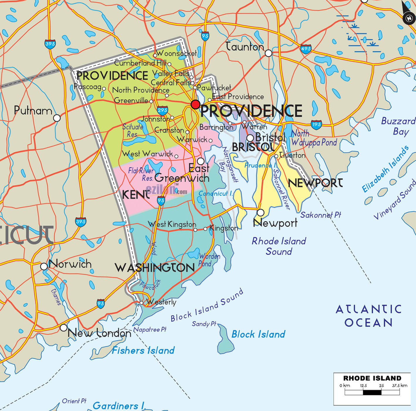 Rhode Island Counties Road Map USA