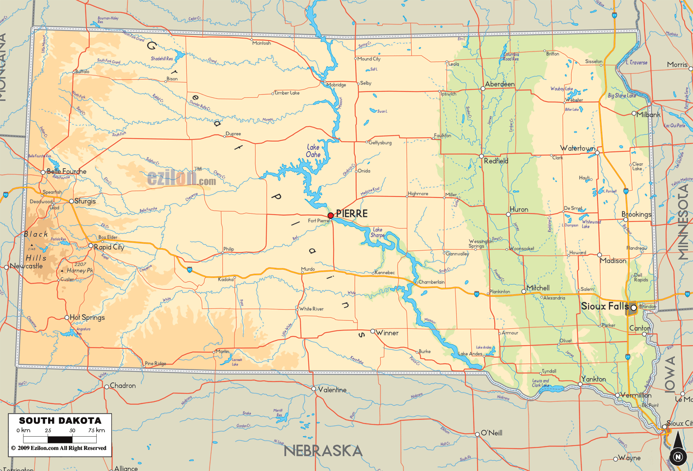 south dakota physical map