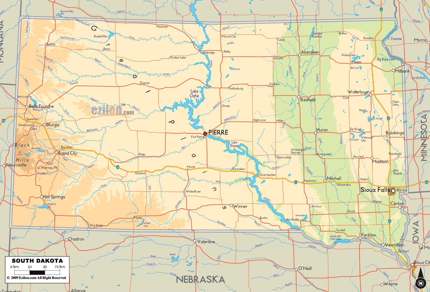 South Dakota Physical Map