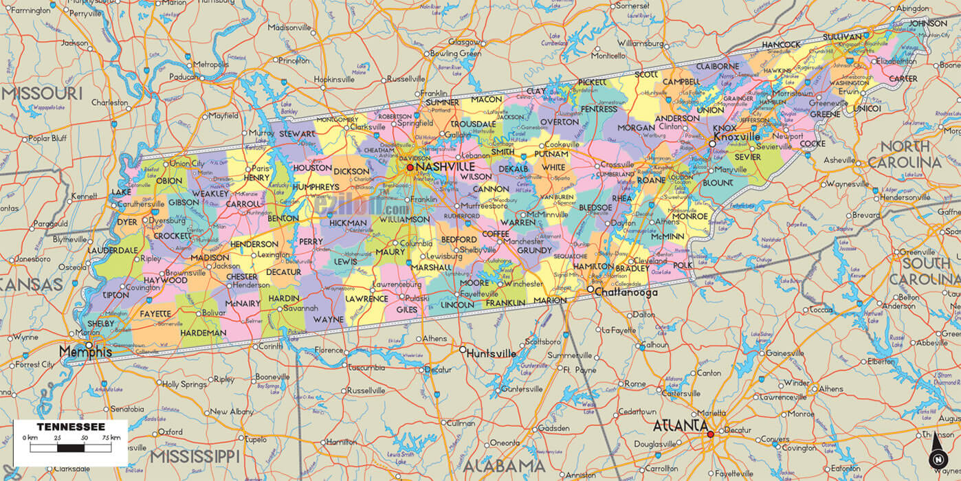 Tennessee Counties Road Map USA