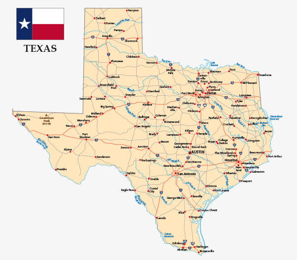 texas road map with flag