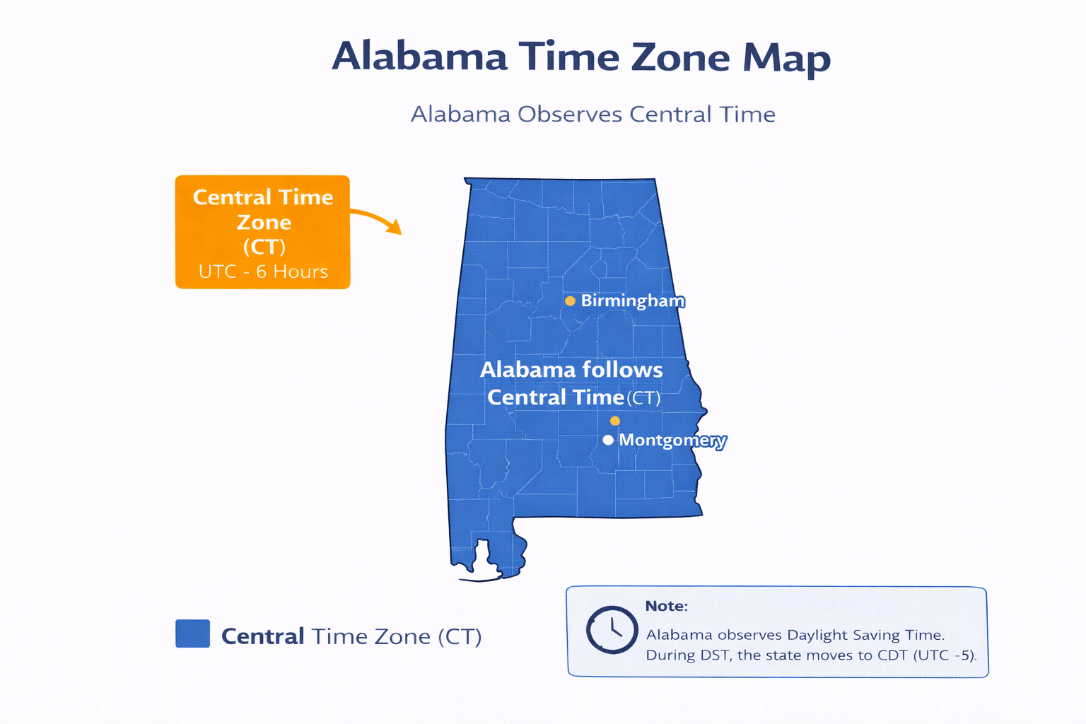 Alabama time zone map infographic