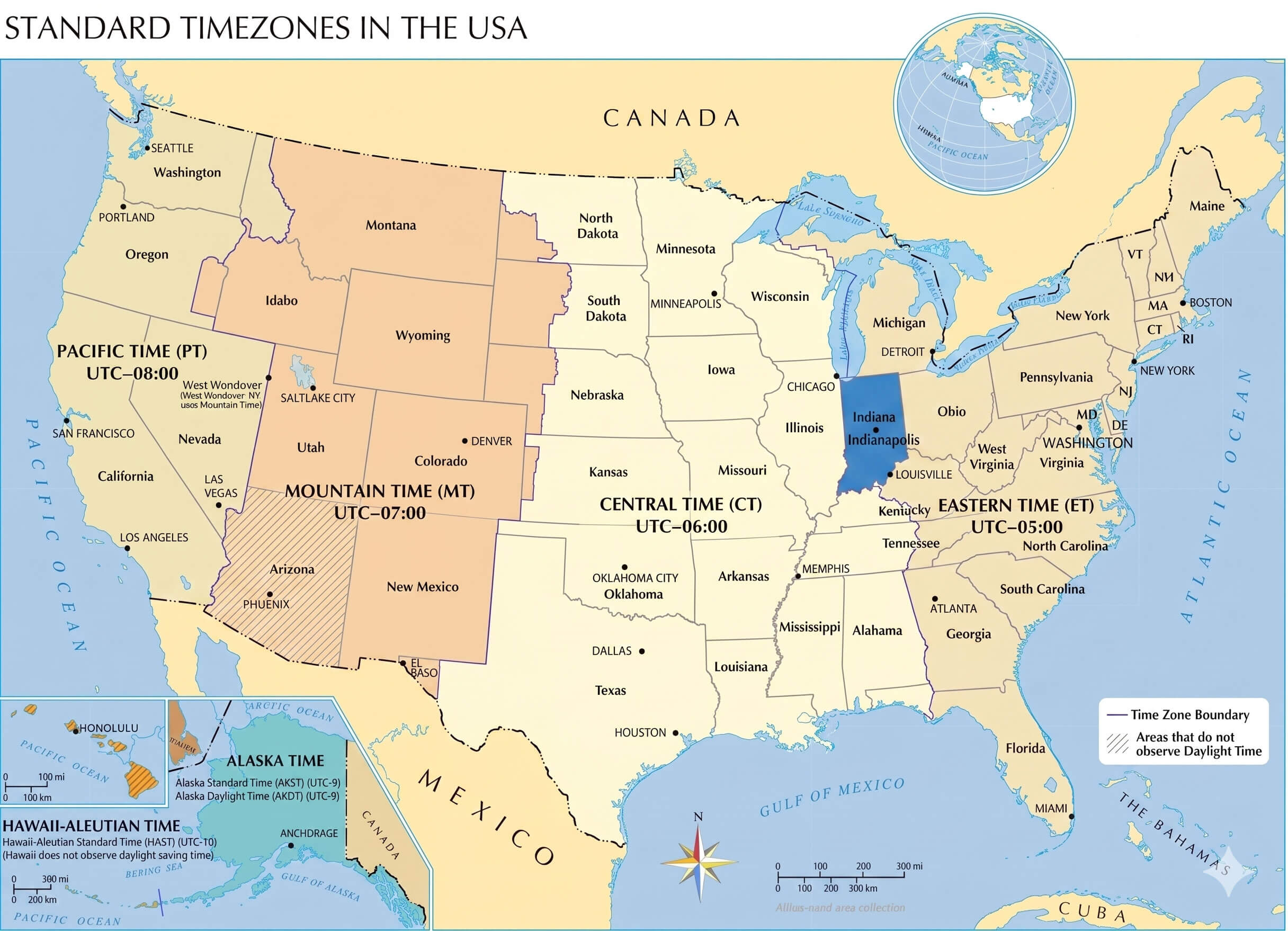 Indiana time zone map