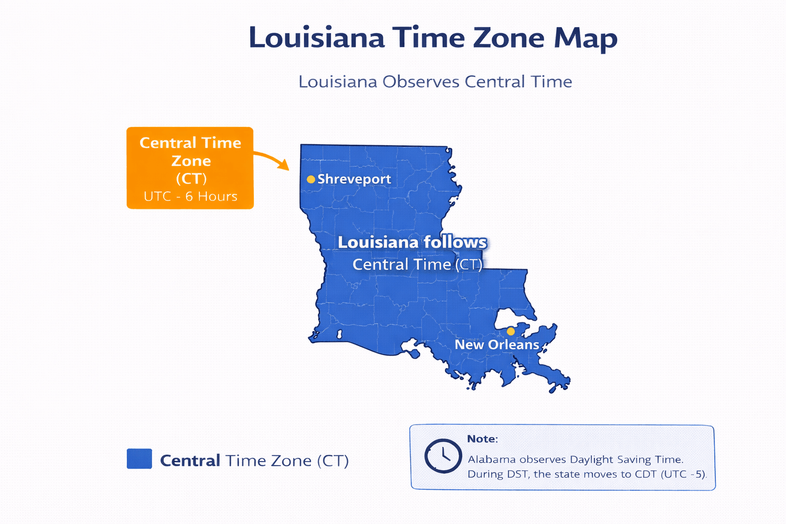Louisiana time zone map infographic