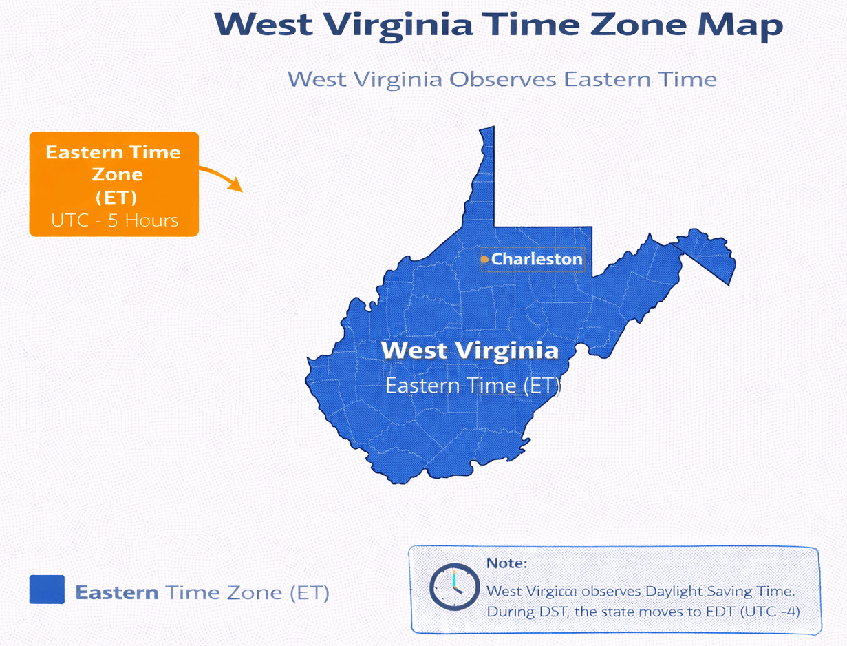 West Virginia time zone map infographic