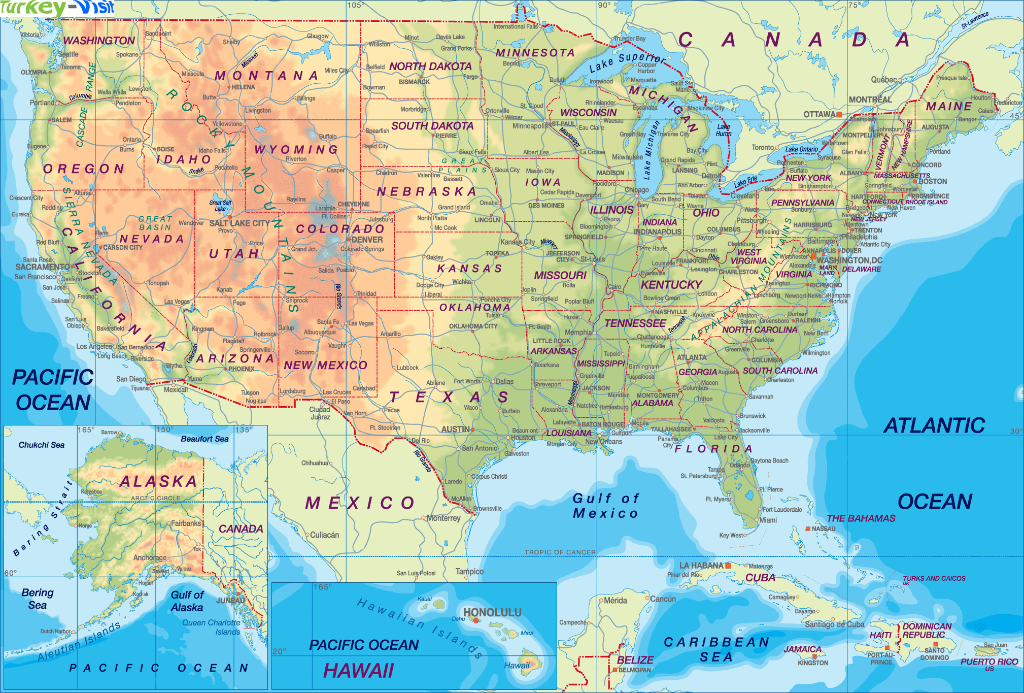 United States map physical large