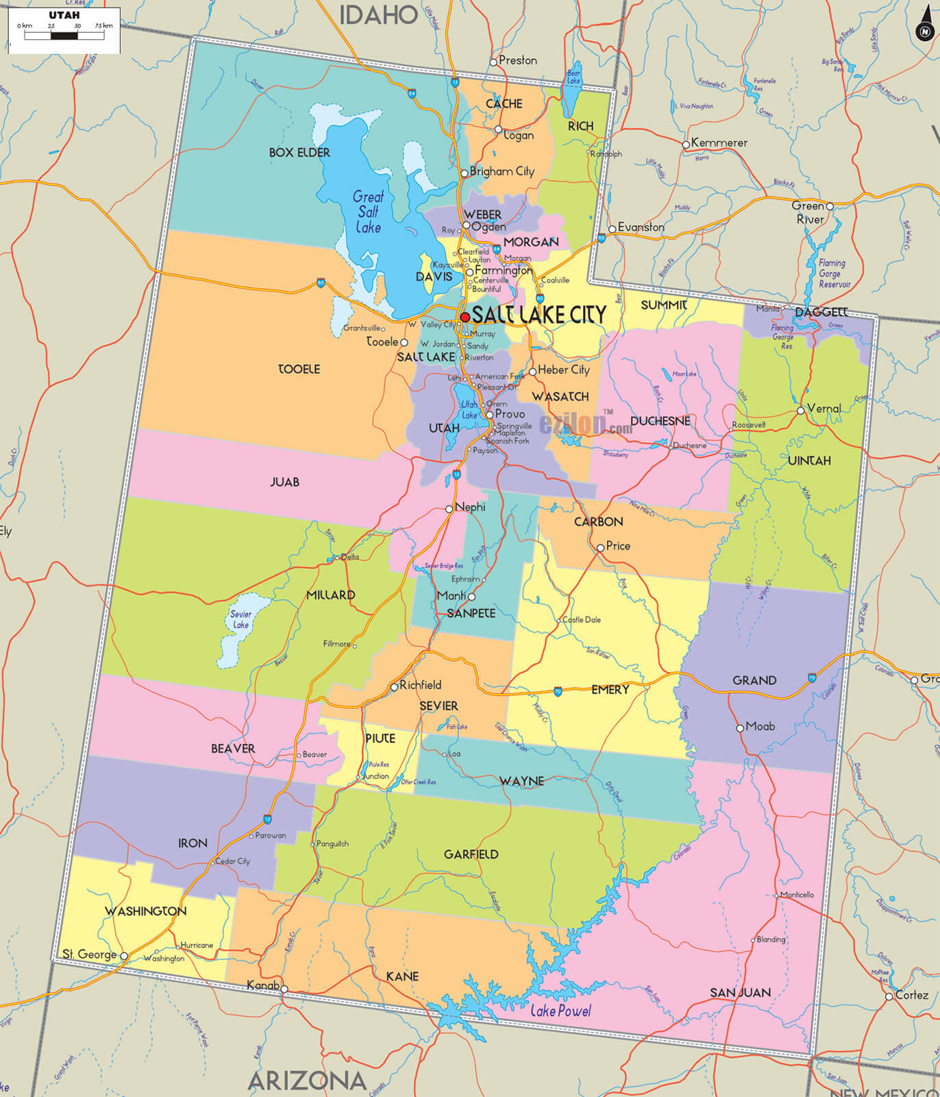 Utah Counties Road Map USA