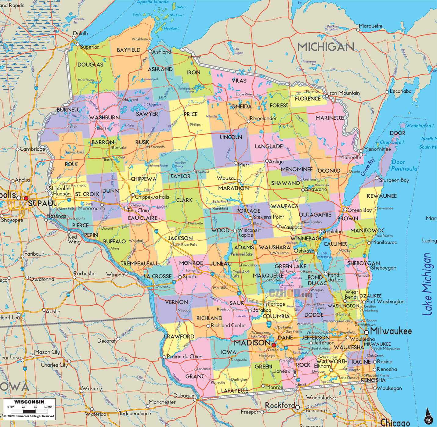 Wisconsin Counties Road Map USA