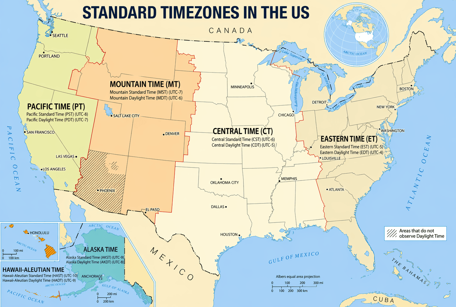 Standard time zones map in the US