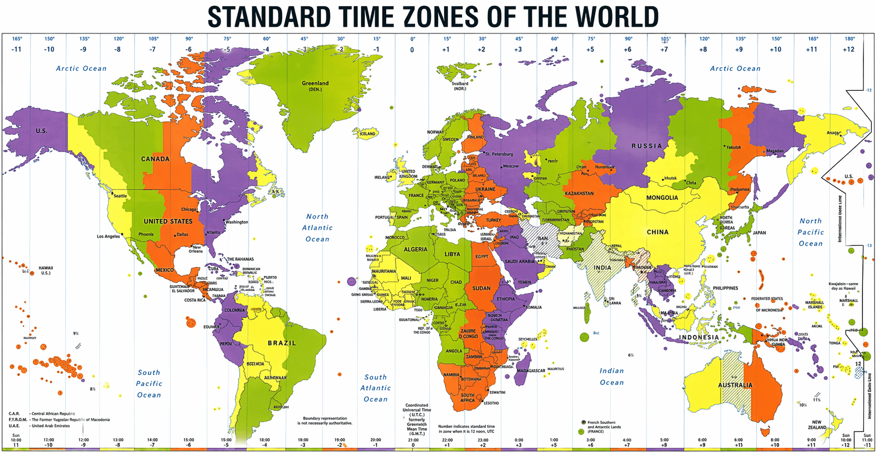 Standard time zones of the World map with USA