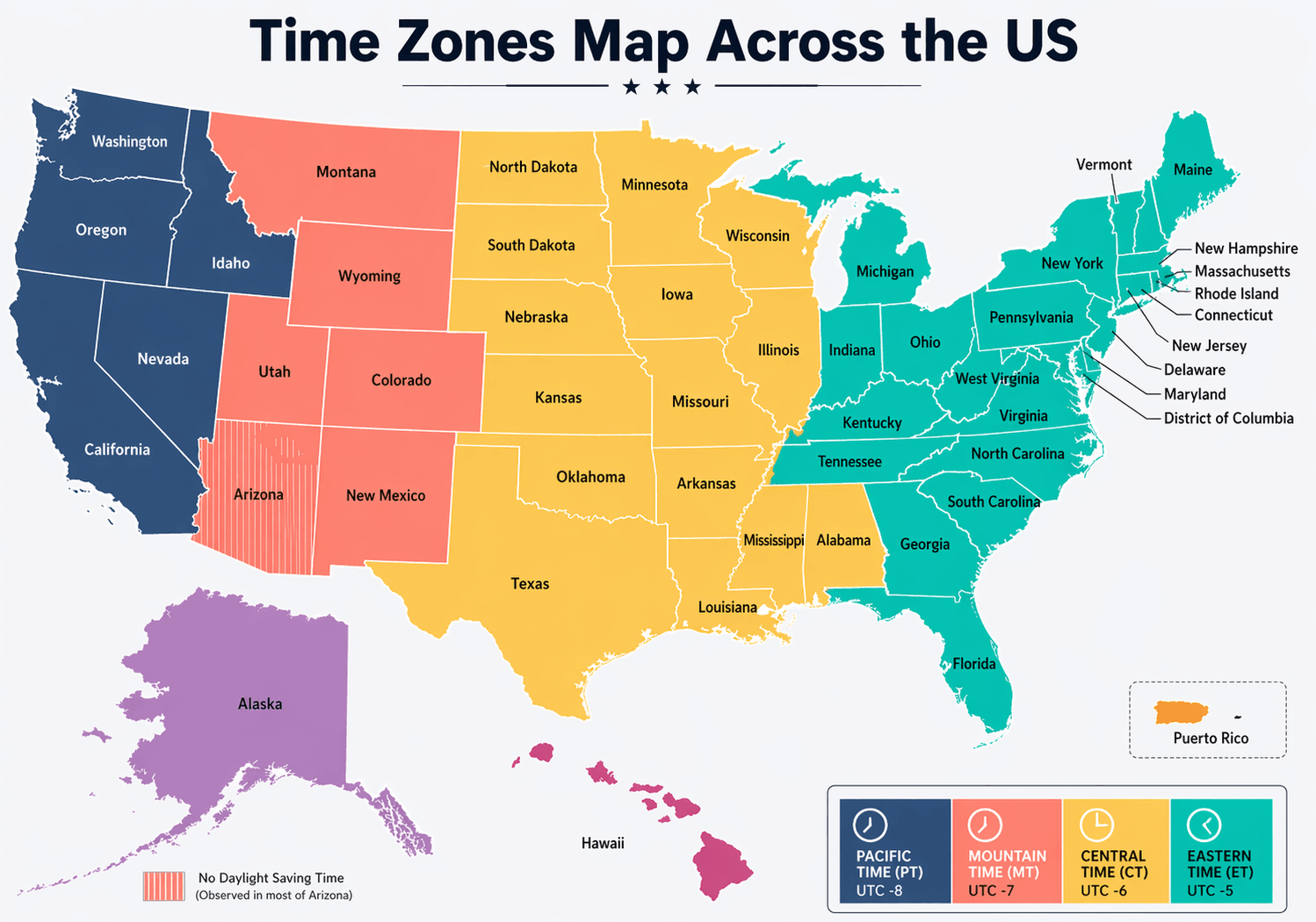 Time zones map across the United States