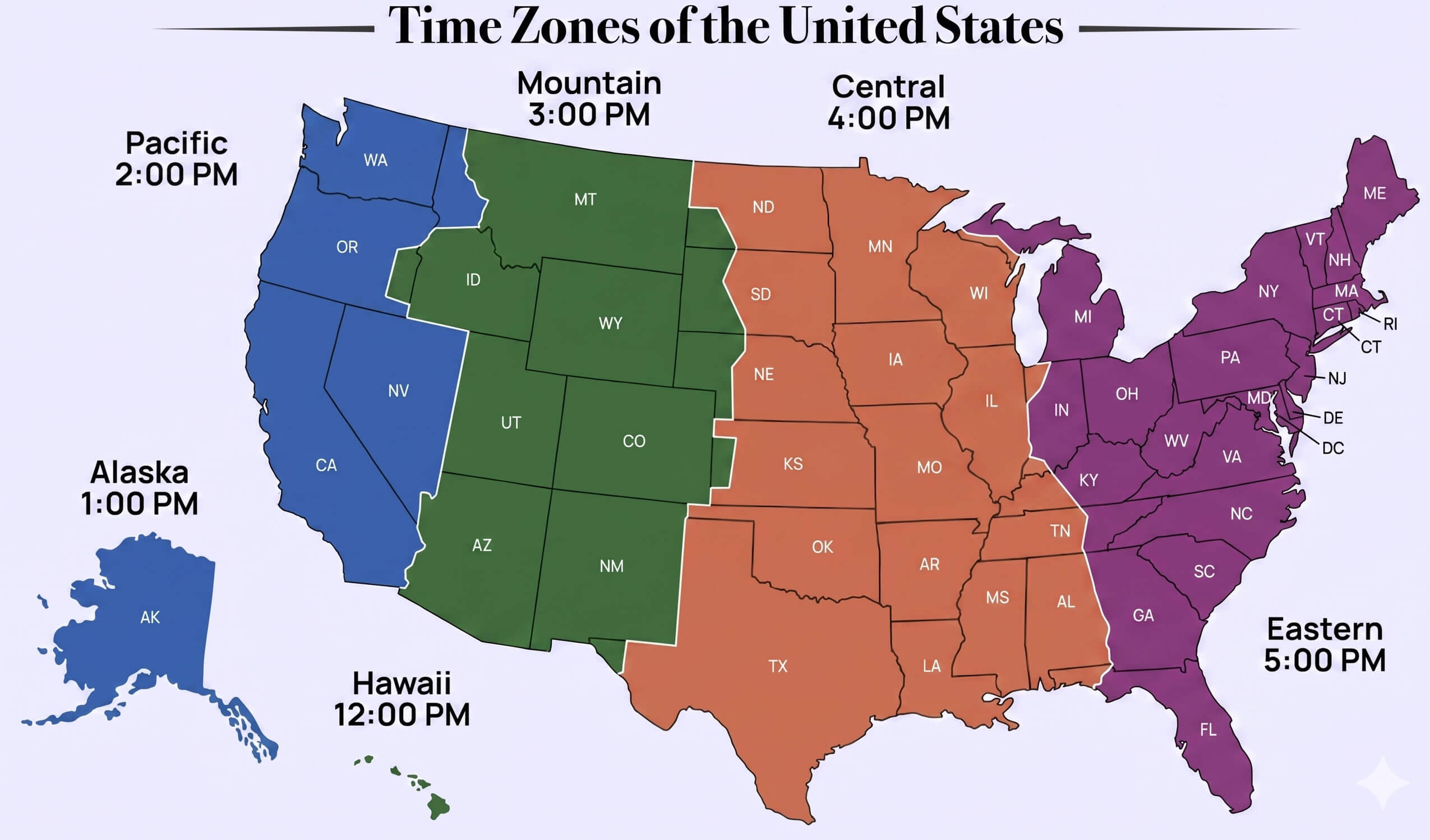 Time zones of the United States map