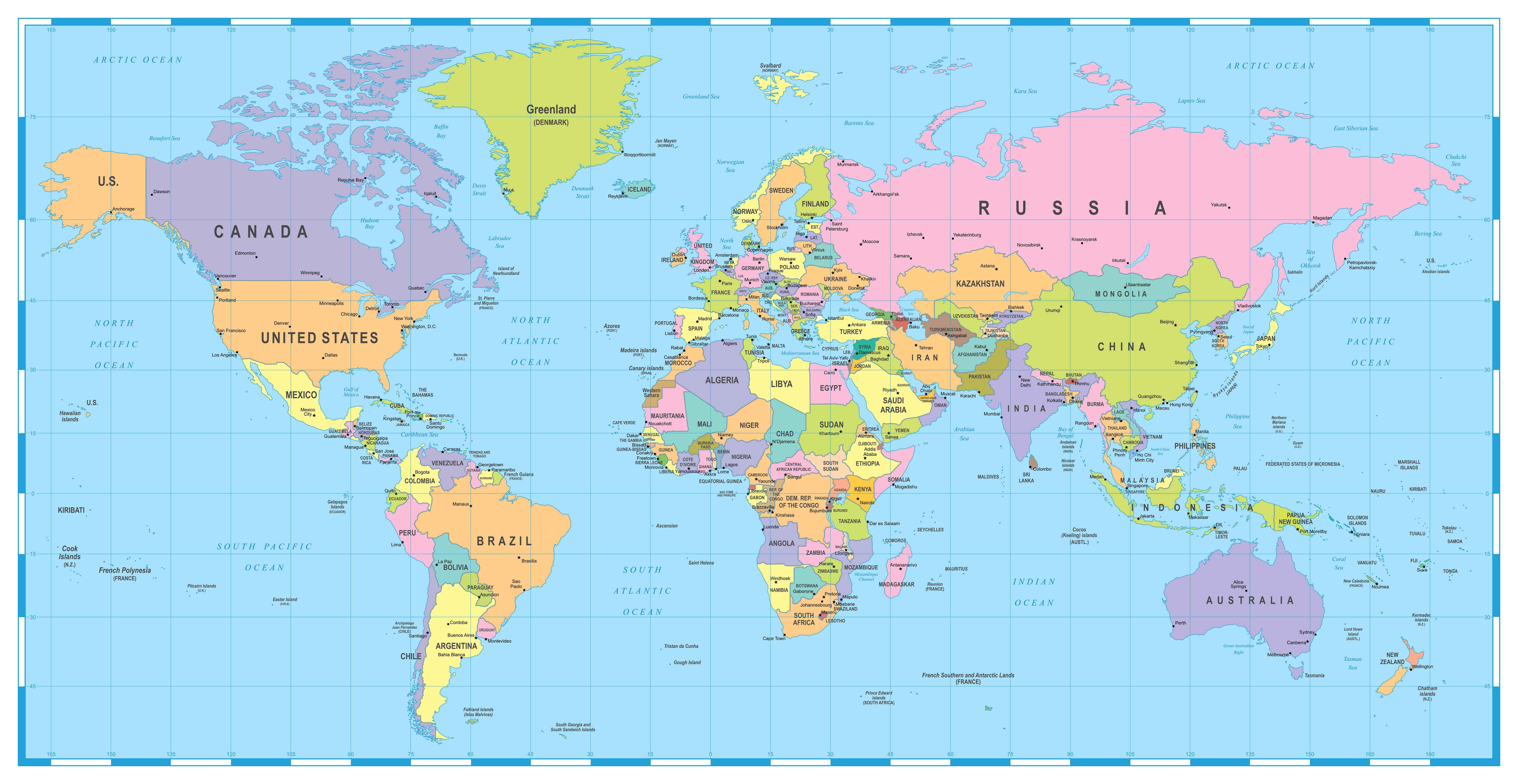 Countries, Capitals and Major Cities of the World Map