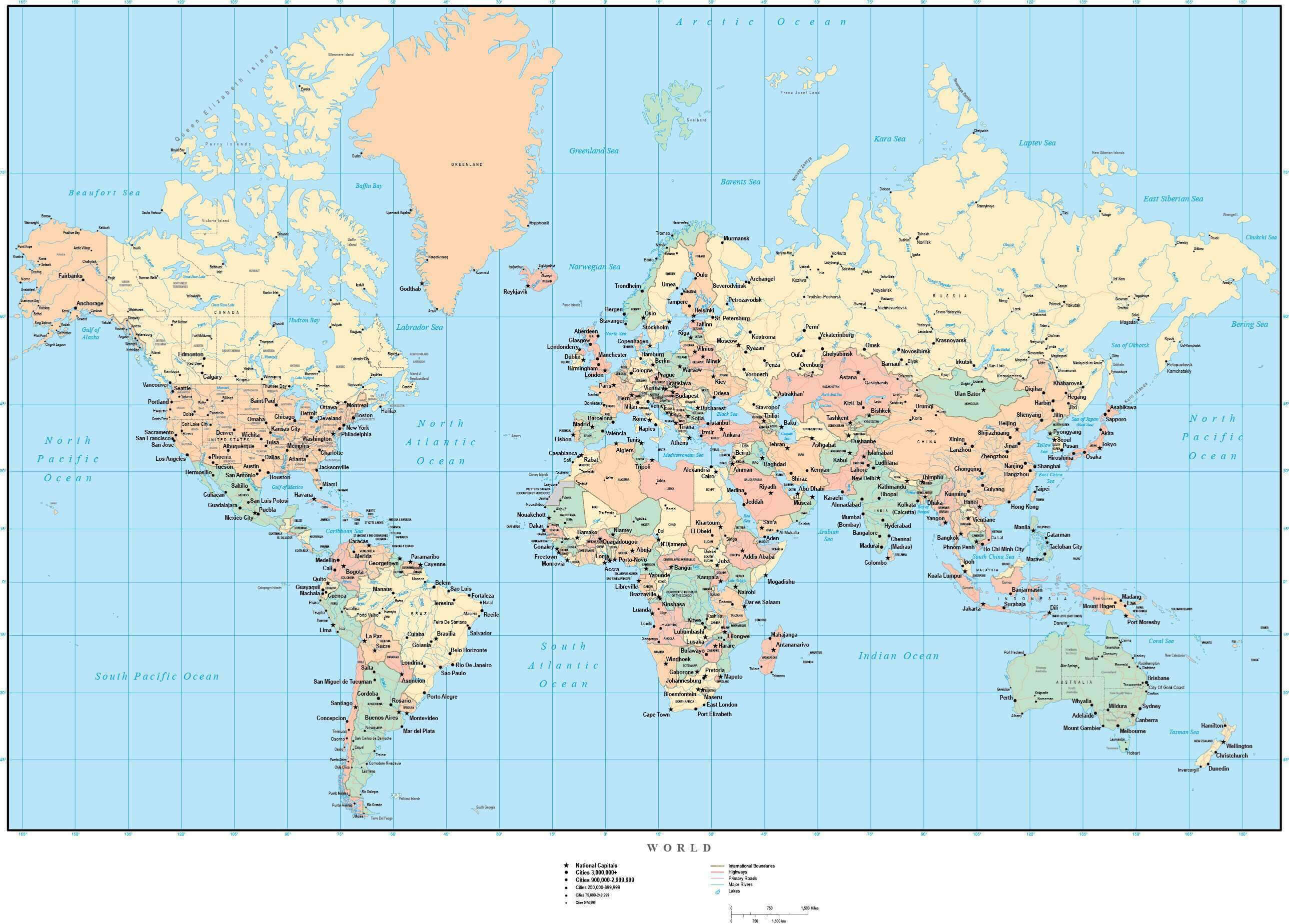 Detailed world map with countries, capitals, and major cities labeledp