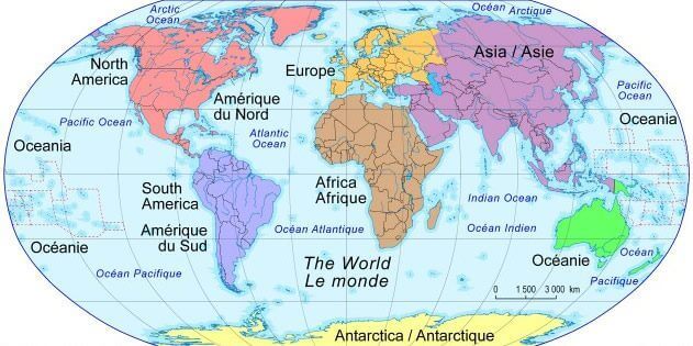 World continents map with oceans and Antarctica