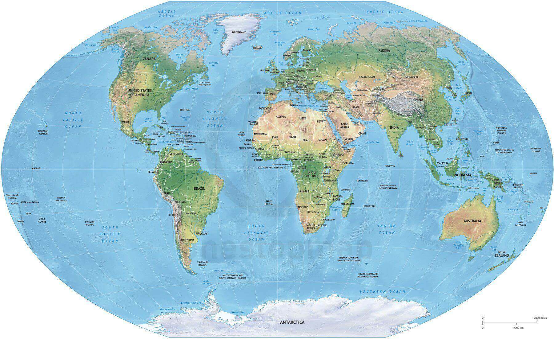Detailed map of the World with political shaded relief
