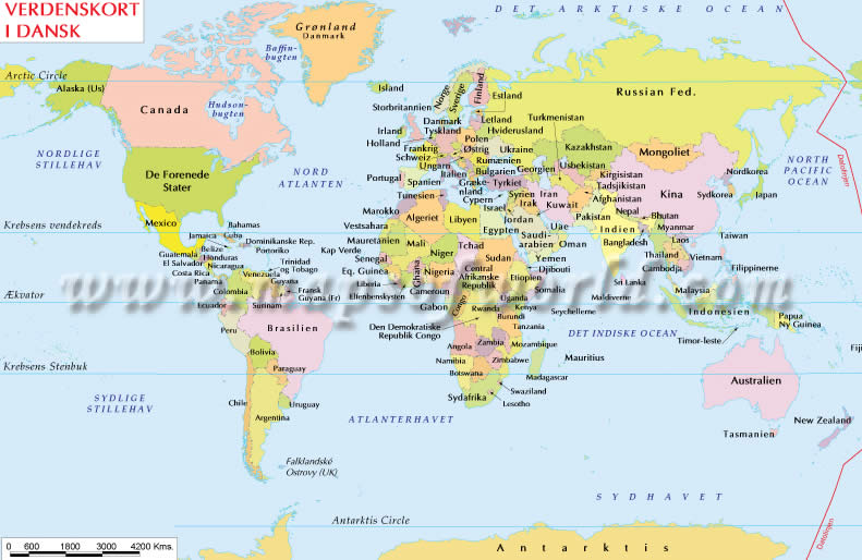 World Map in Danish Language