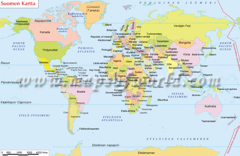 World Map in Finnish Language