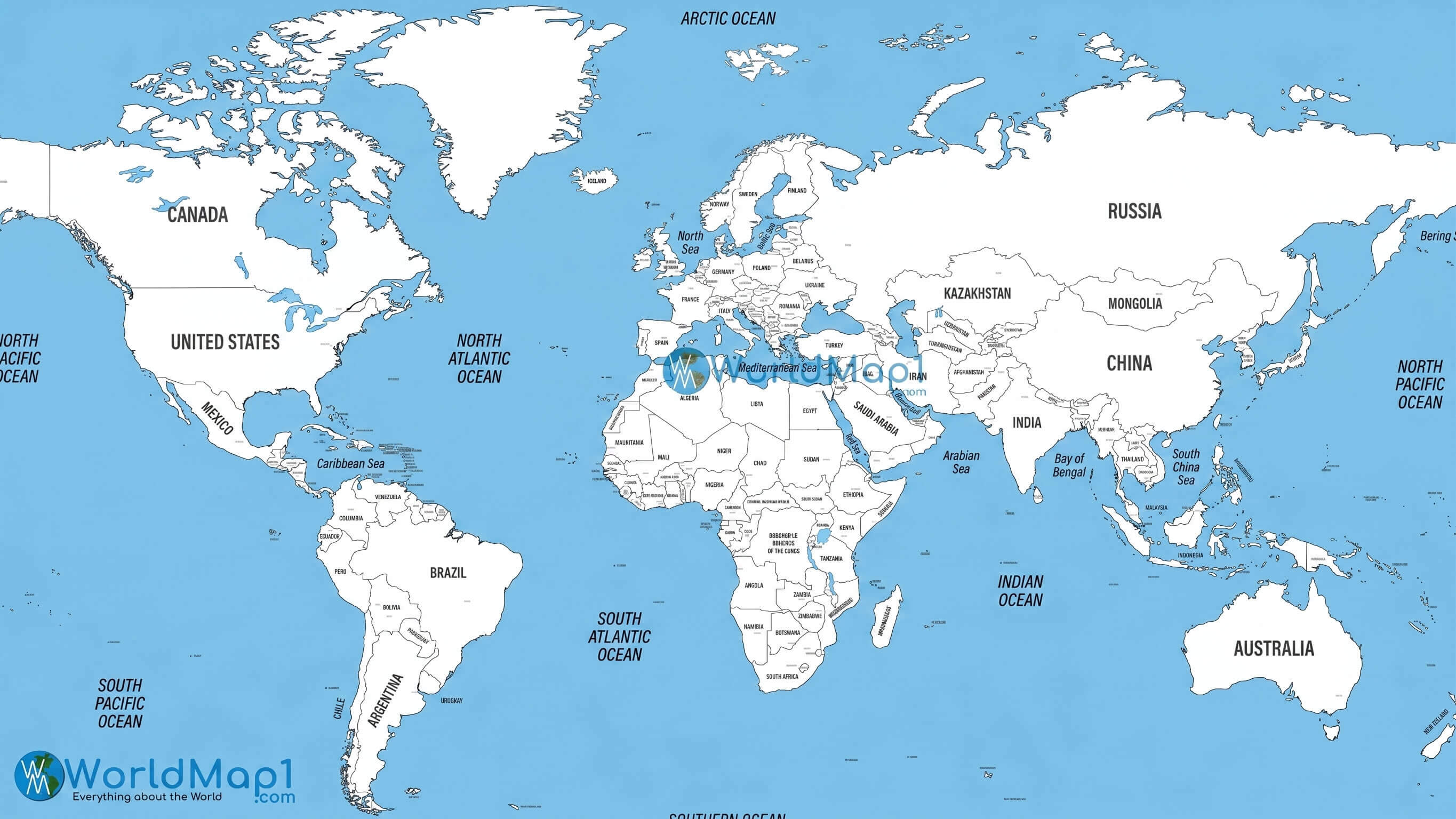 Detailed World outline oceans map