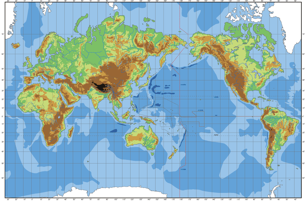 Blank physical World map with Pacific centered