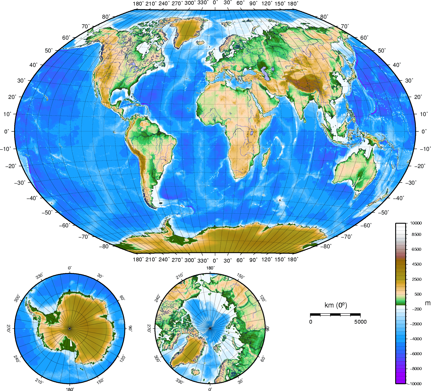 Physical map of the World with topographical