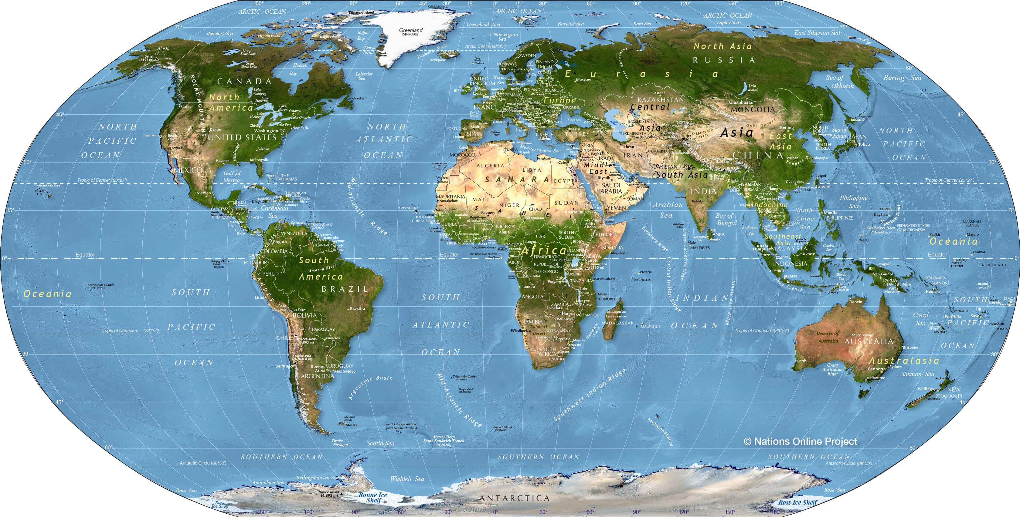 Physical World map with longitude latitude