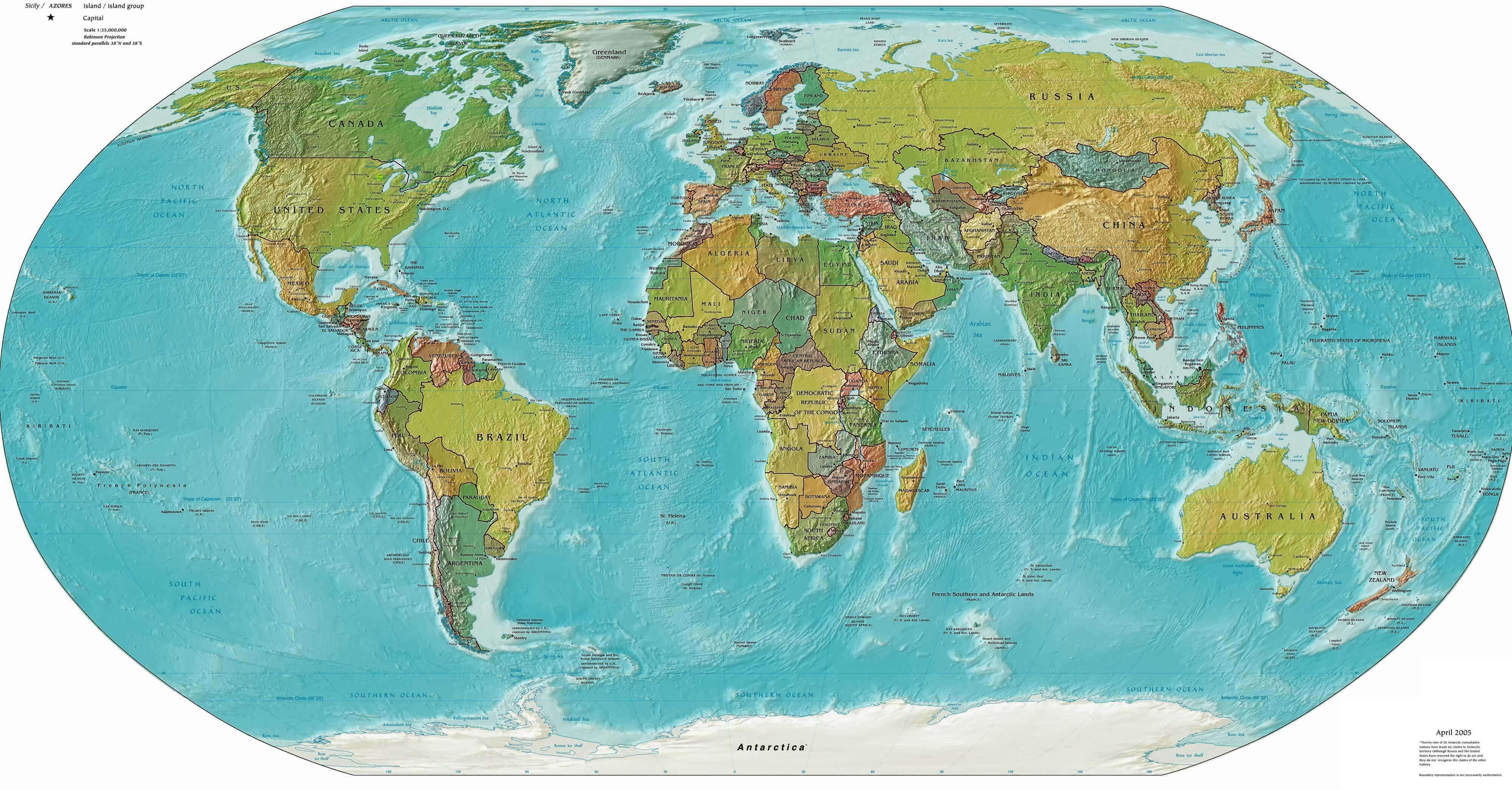 Political physical map of the World