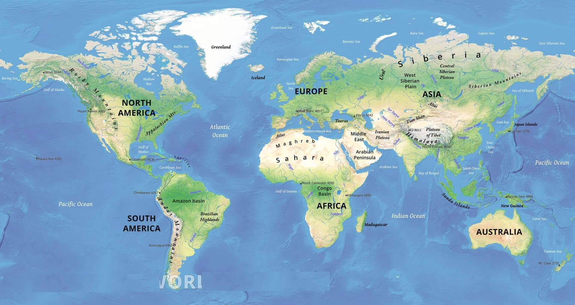 World continents physical map