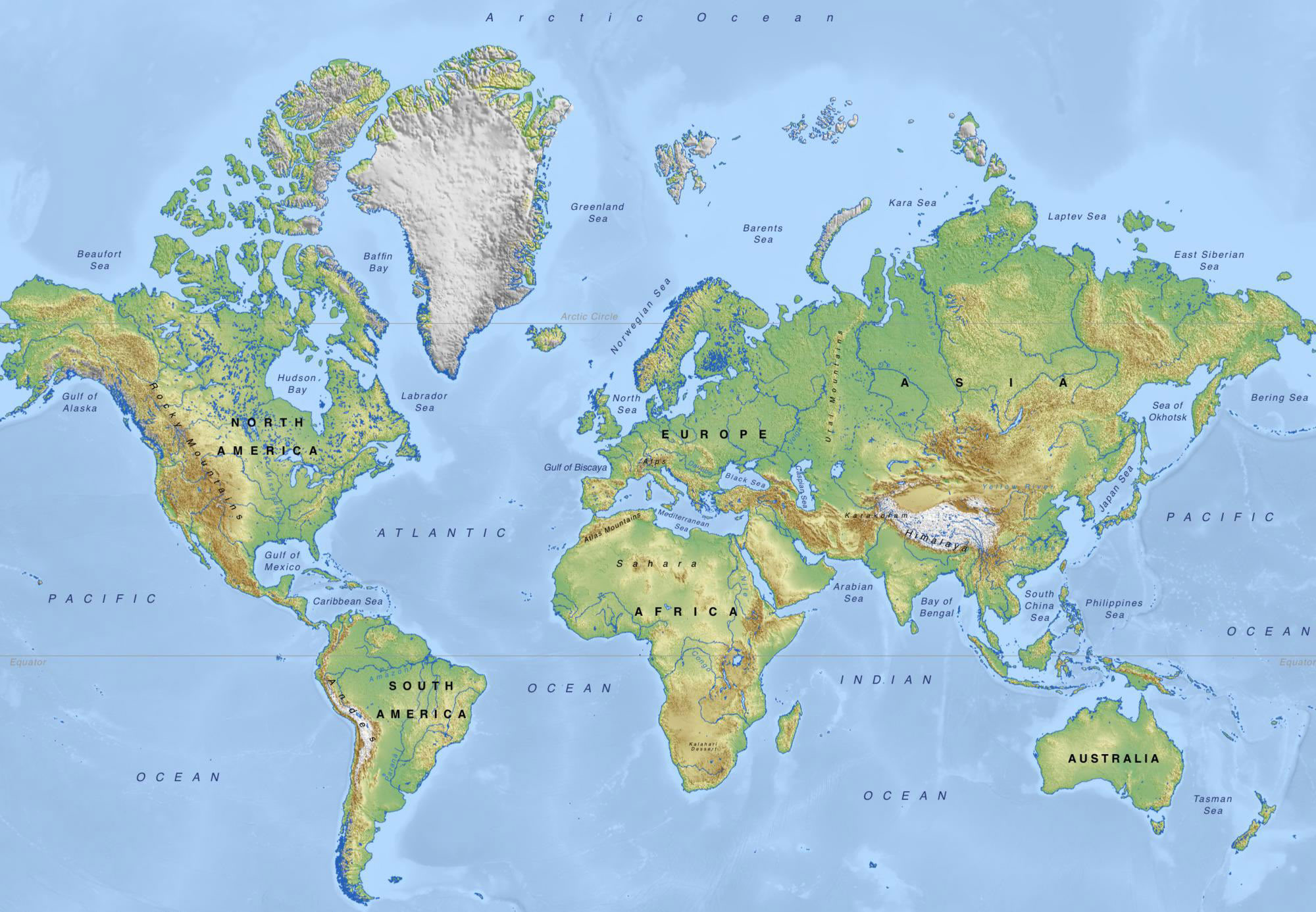 World physical map with continents