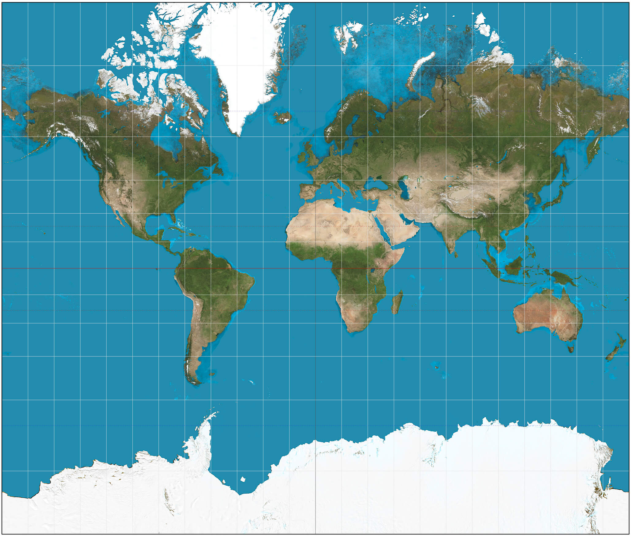 World physical map with Greenland and South Pole