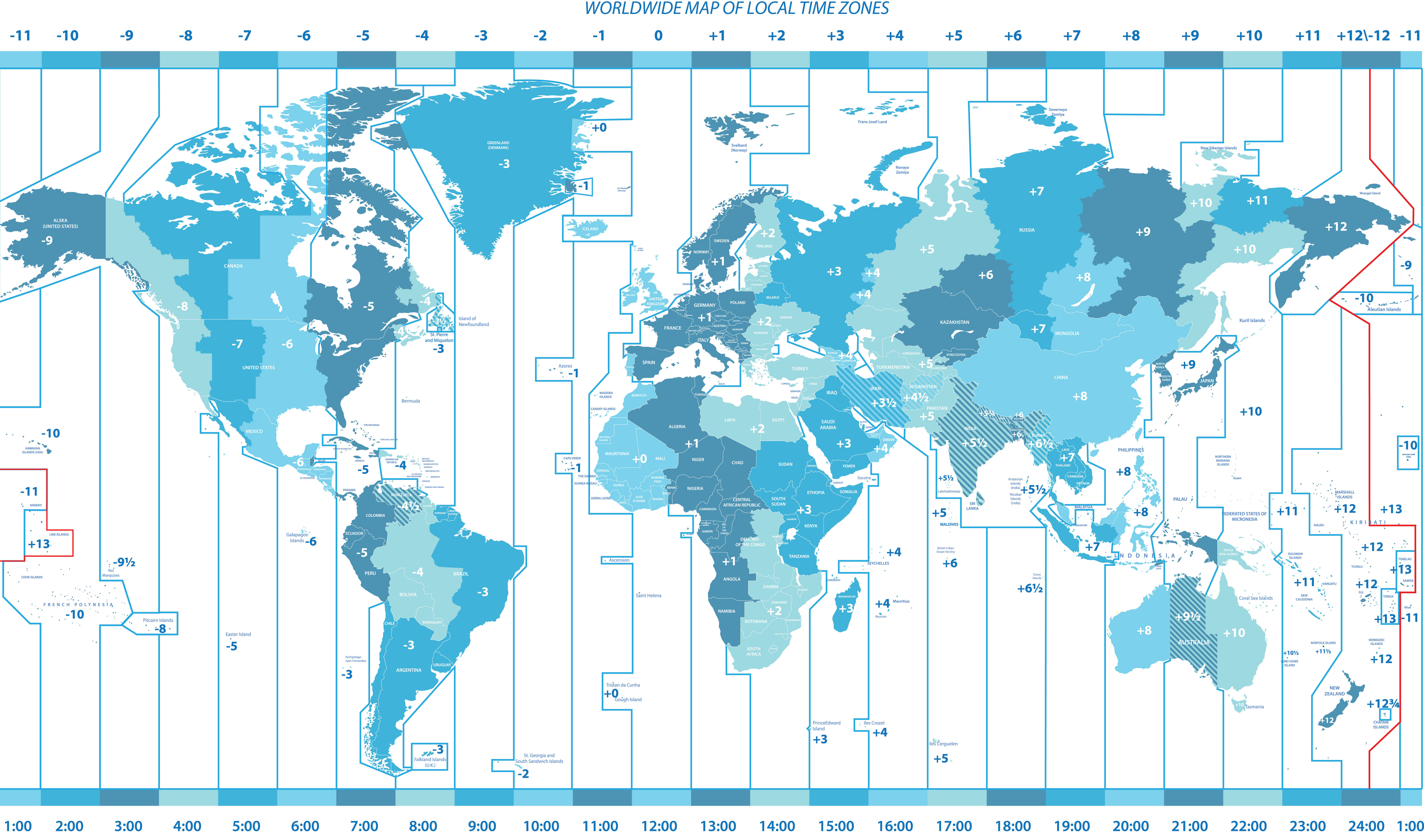 Worldwide political map of local time zones	
