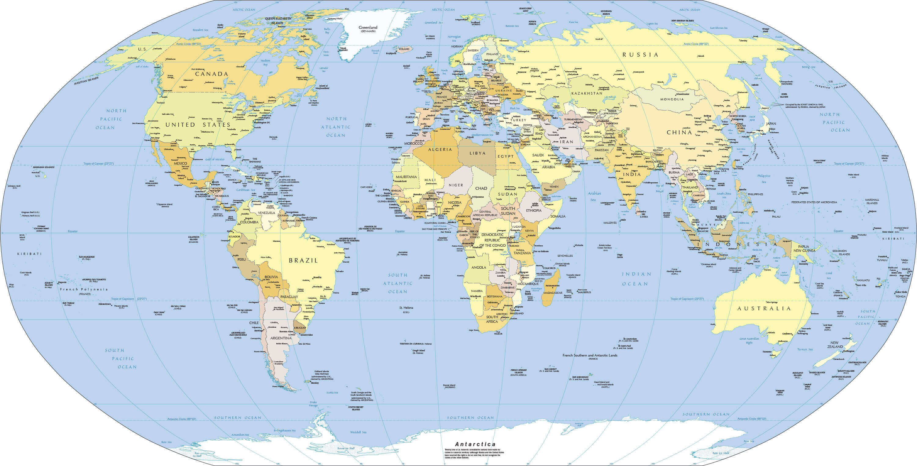 Printable map of the World with countries and major cities