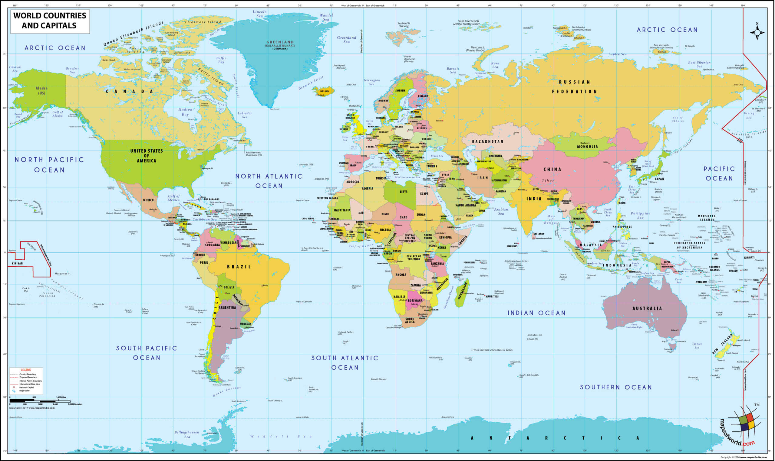 Printable World map with countries and capitals
